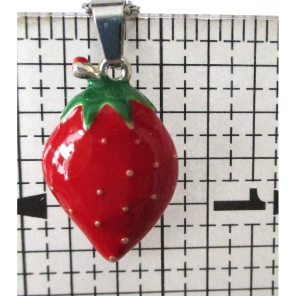 New Strawberry Pendant Necklace on 19" Chain - Red Berry Enamel Jewelry Gift - Picture 6 of 6
